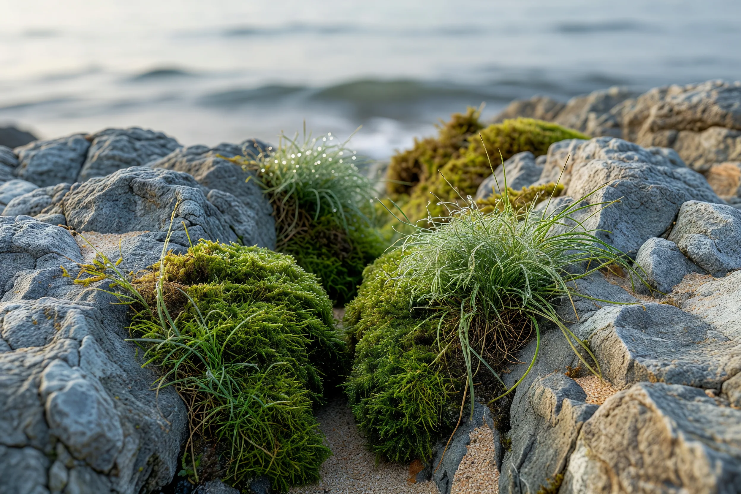 海辺の岩肌に広がる苔と草の情景